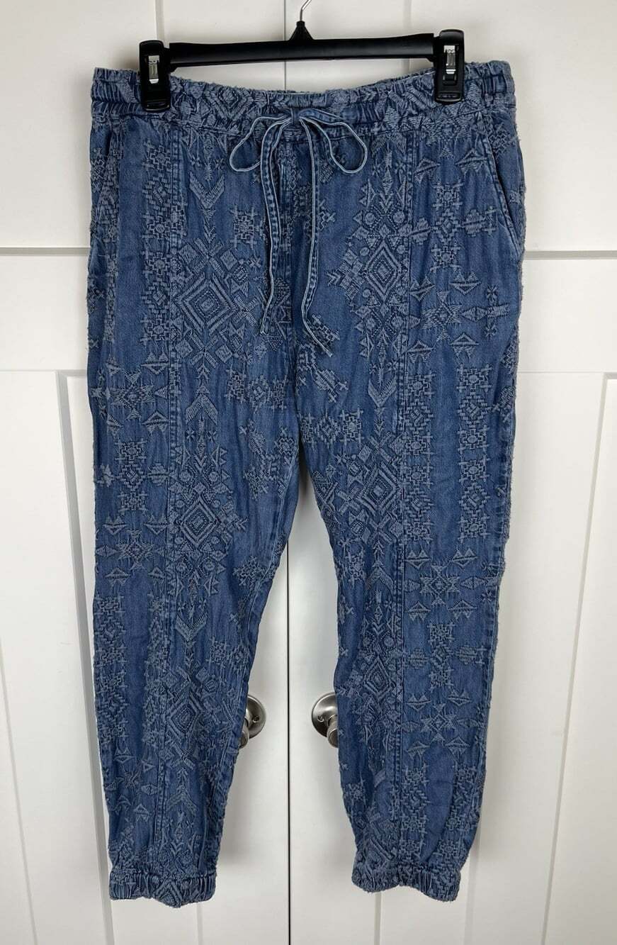 Johnny Was Pete & Greta Nina Pants M Embroidered Chambray Denim Jogger Boho